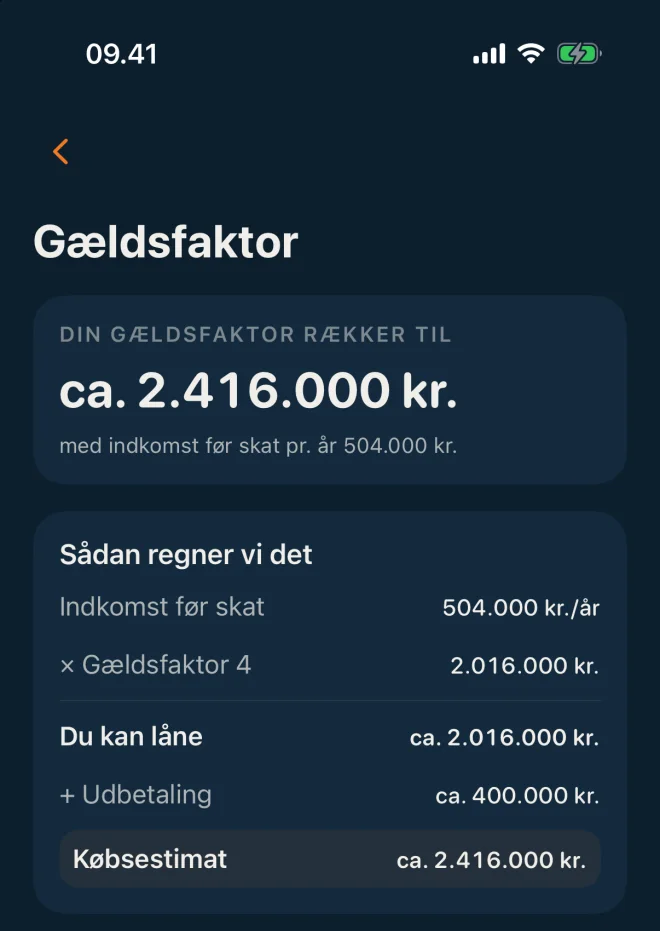 Skærmbillede fra Låneklar: Sådan regnes din gældsfaktor