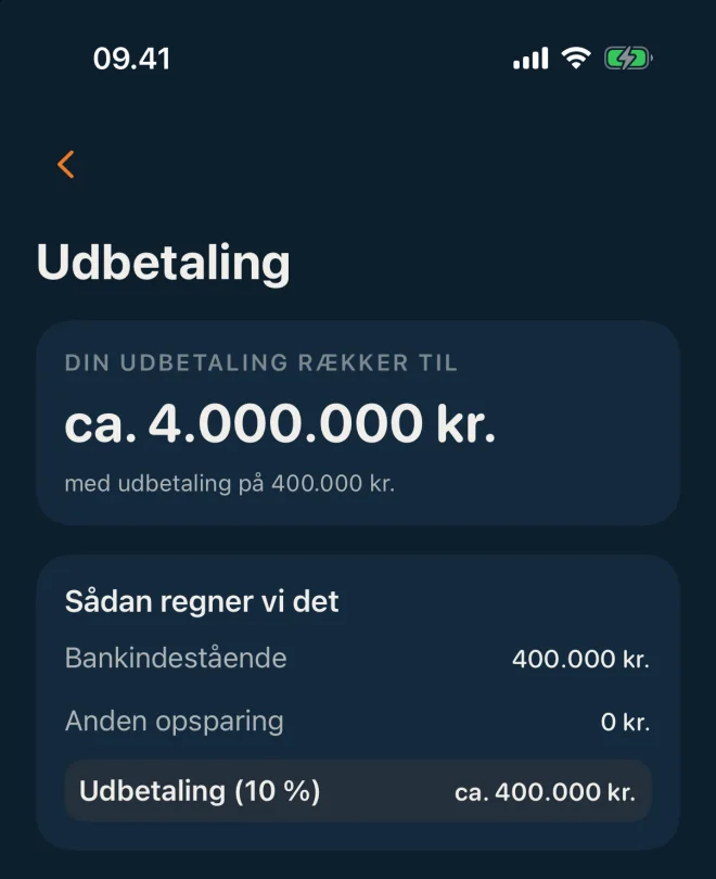 Skærmbillede fra Låneklar: Sådan regnes din udbetaling